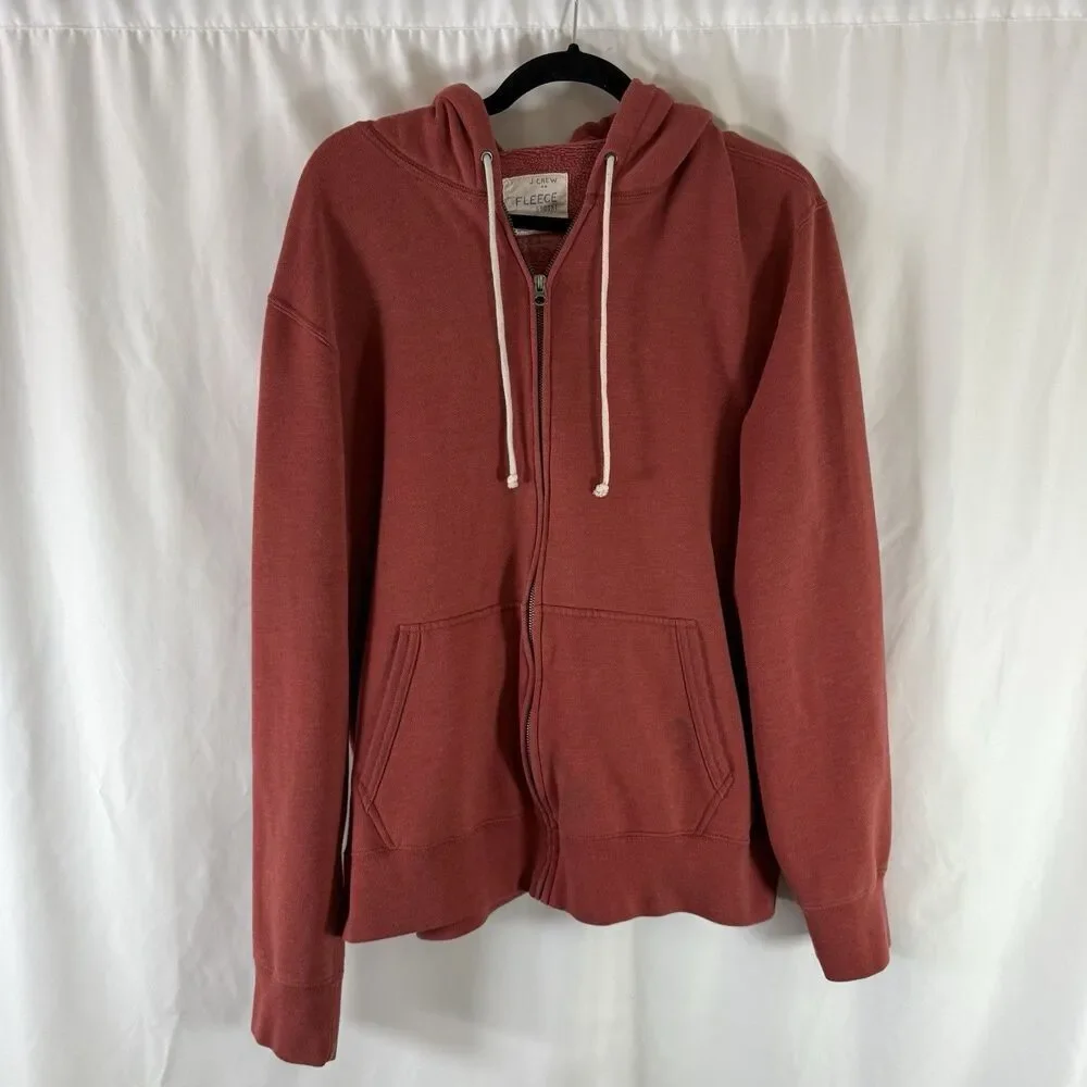 J. Crew Fleece Jacket Men's XL Orange Full Zip Drawstring Hooded Pockets